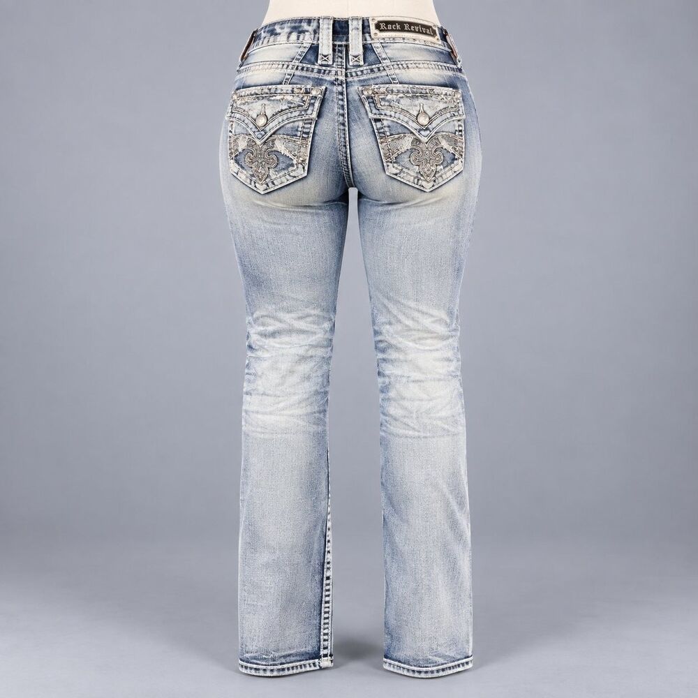 Rock Revival Jeans Medina Straight Womens Size 25 Blue Rhinestone Embroidered